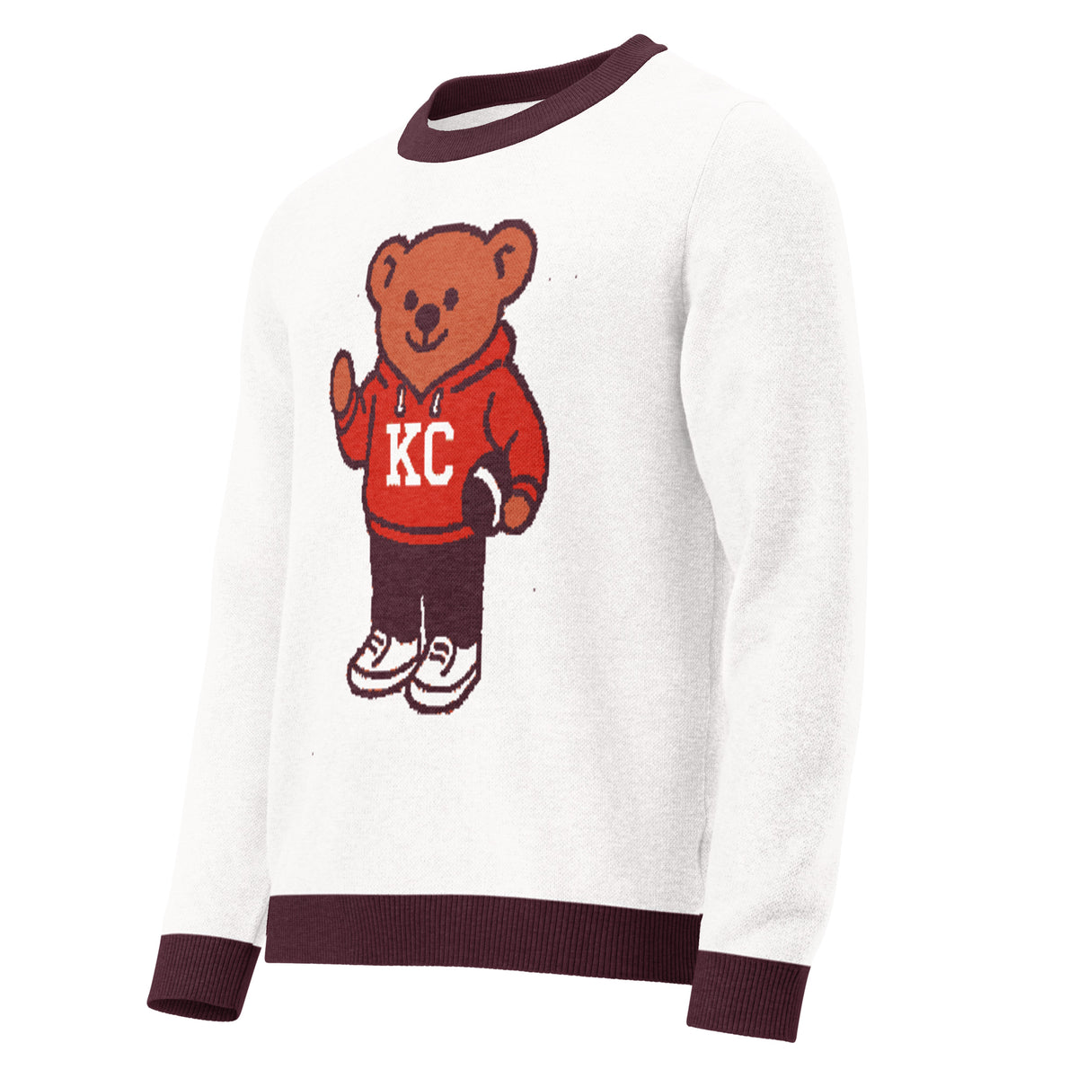 Angled front view of white and burgundy HAGS Kansas City KC bear knit sweater, showing a bear in a red KC football sweater and burgundy trim.