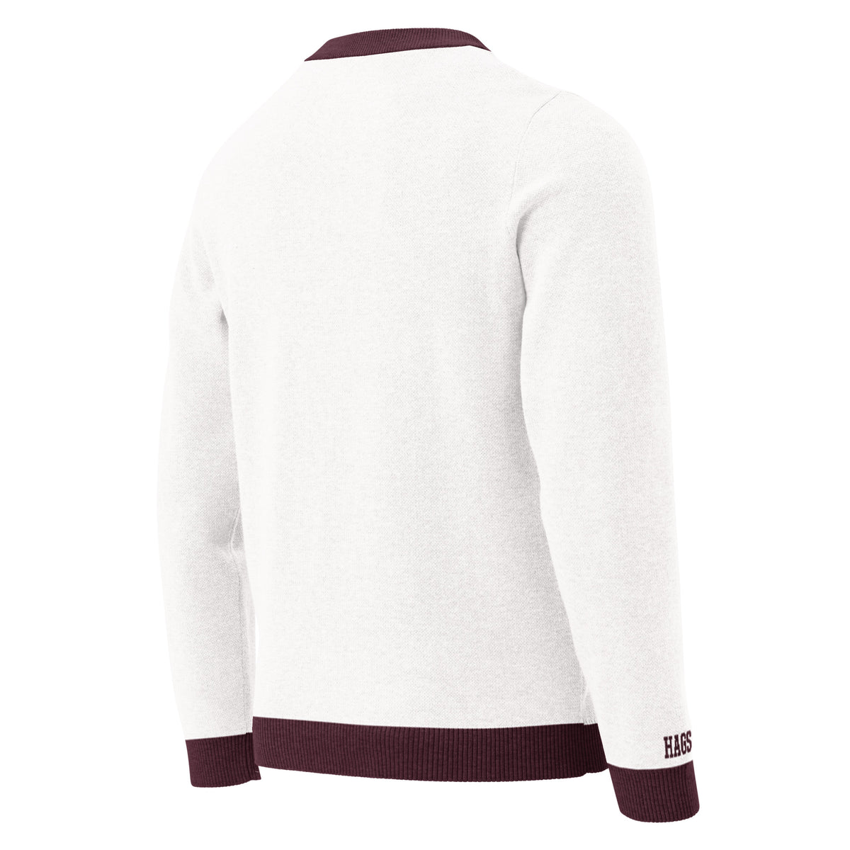Right-side view of white and burgundy HAGS Kansas City KC bear knit sweater.