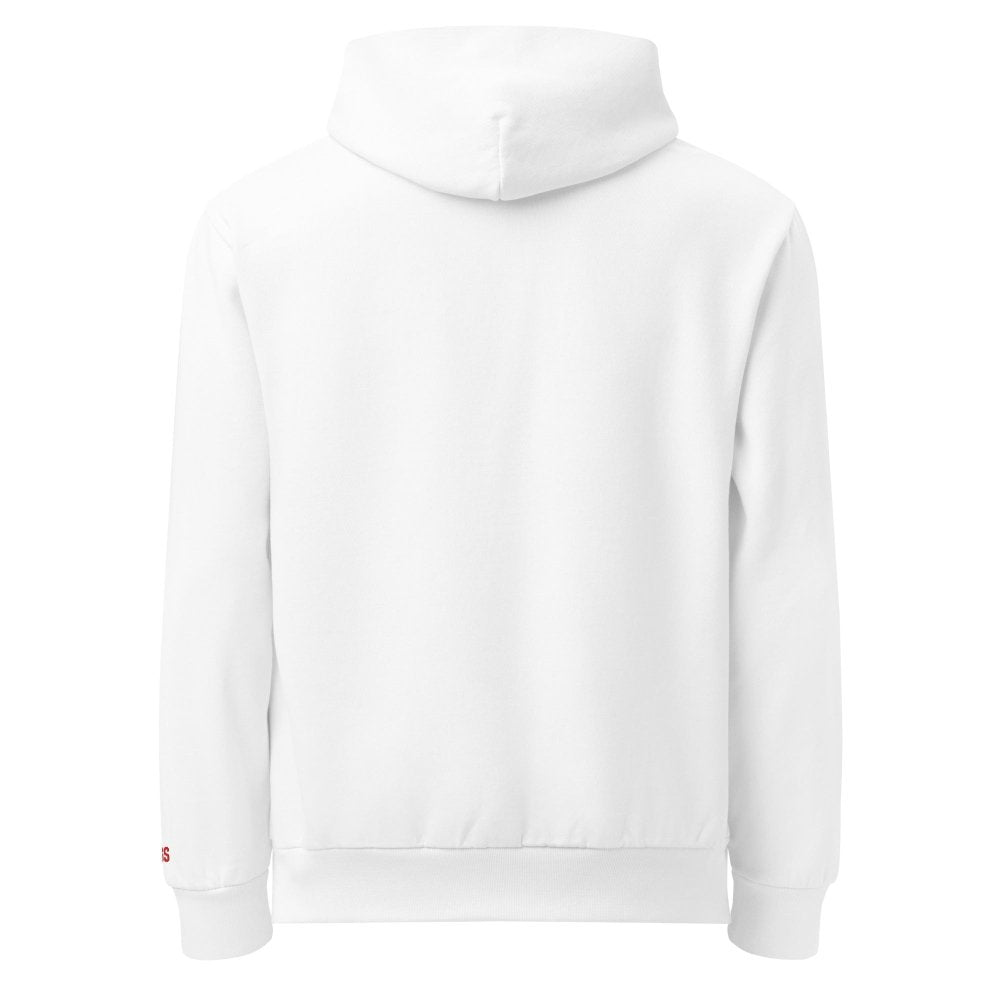 Back view of white HAGS KCMO Kansas City polka dot hoodie, showing plain back and hood.