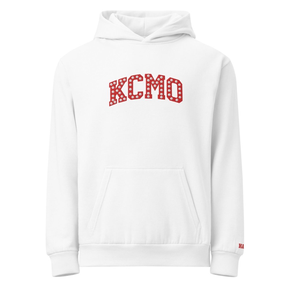 Front view of white HAGS KCMO Kansas City polka dot hoodie, showing red polka-dot KCMO lettering.