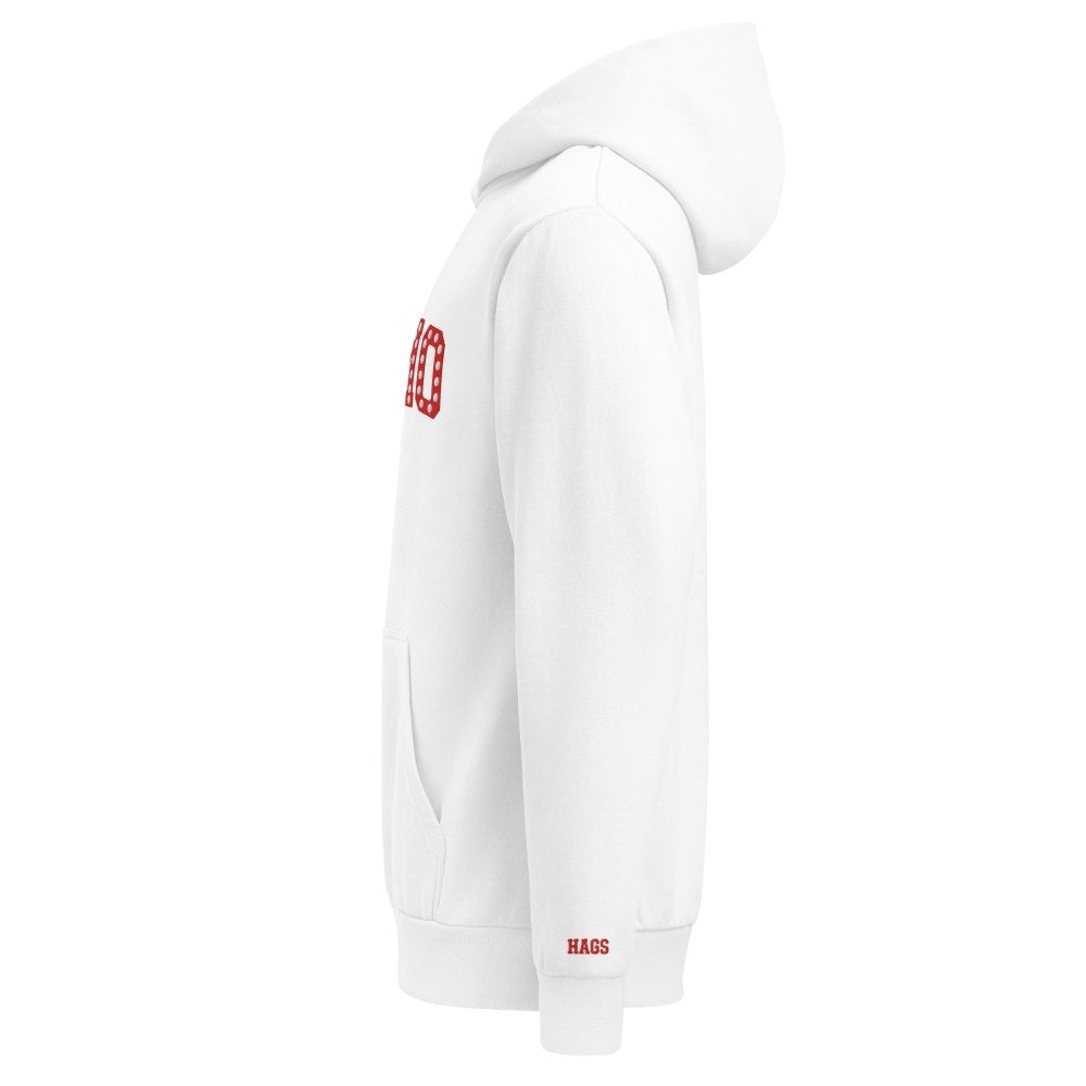Left-side view of white HAGS KCMO Kansas City polka dot hoodie.