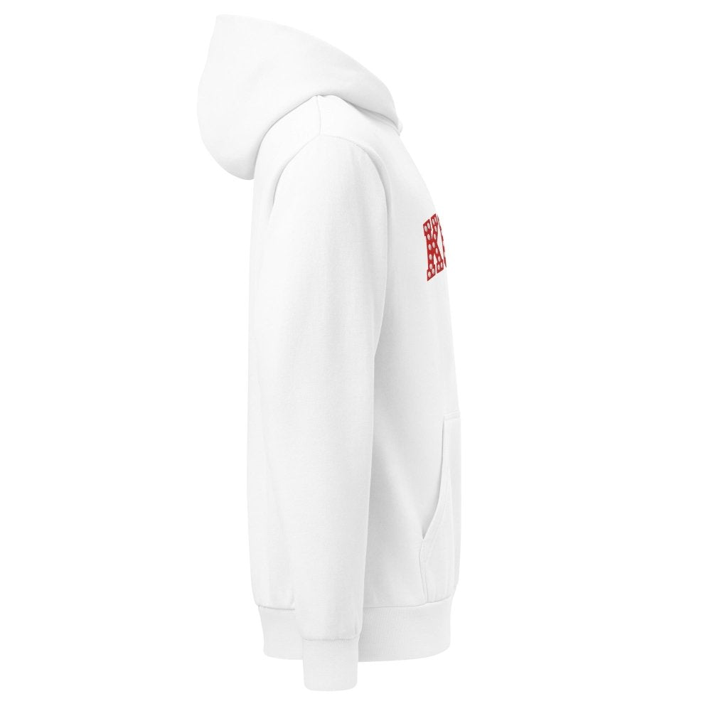 Right-side view of white HAGS KCMO Kansas City polka dot hoodie.