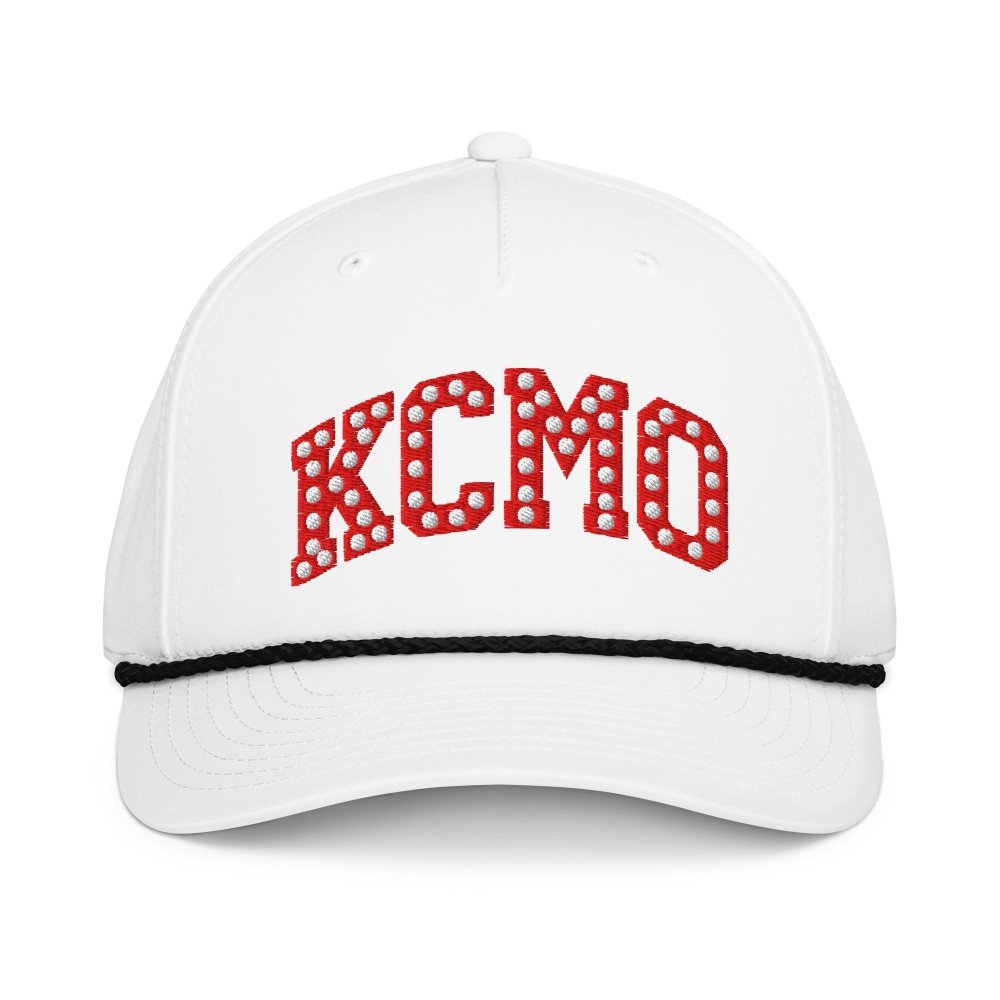 Front view of white HAGS KCMO Kansas City polka dot rope hat, showing red polka-dot KCMO lettering and black rope.