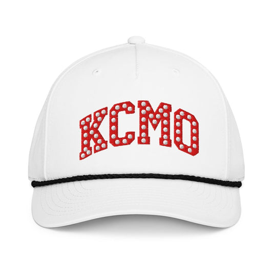 Front view of white HAGS KCMO Kansas City polka dot rope hat, showing red polka-dot KCMO lettering and black rope.