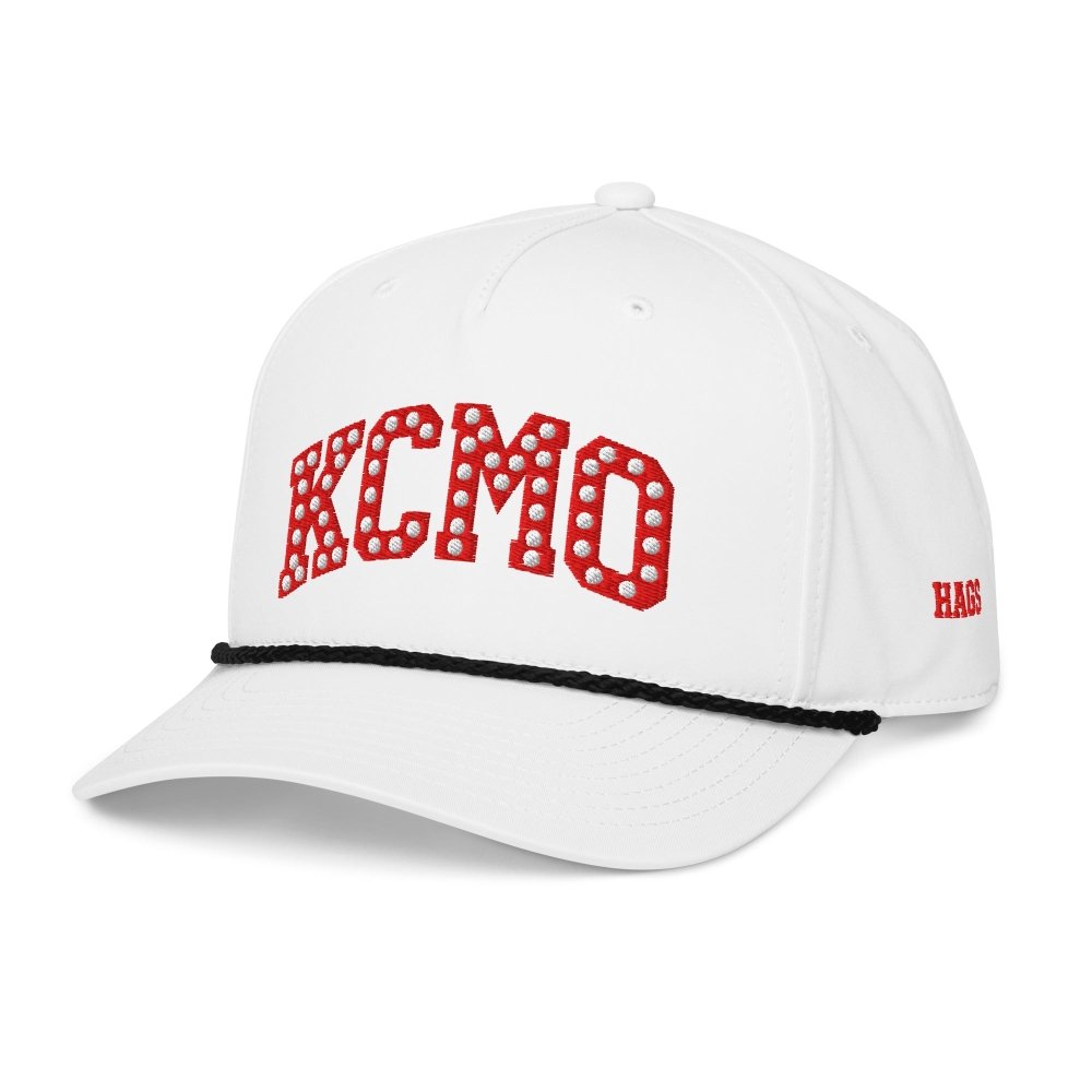Angled front view of white HAGS KCMO Kansas City polka dot rope hat, showing red polka-dot KCMO lettering and black rope.