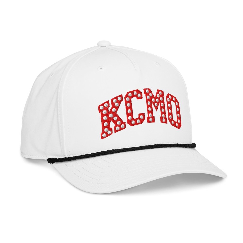 Opposite angled front view of white HAGS KCMO Kansas City polka dot rope hat, showing red polka-dot KCMO lettering and black rope.