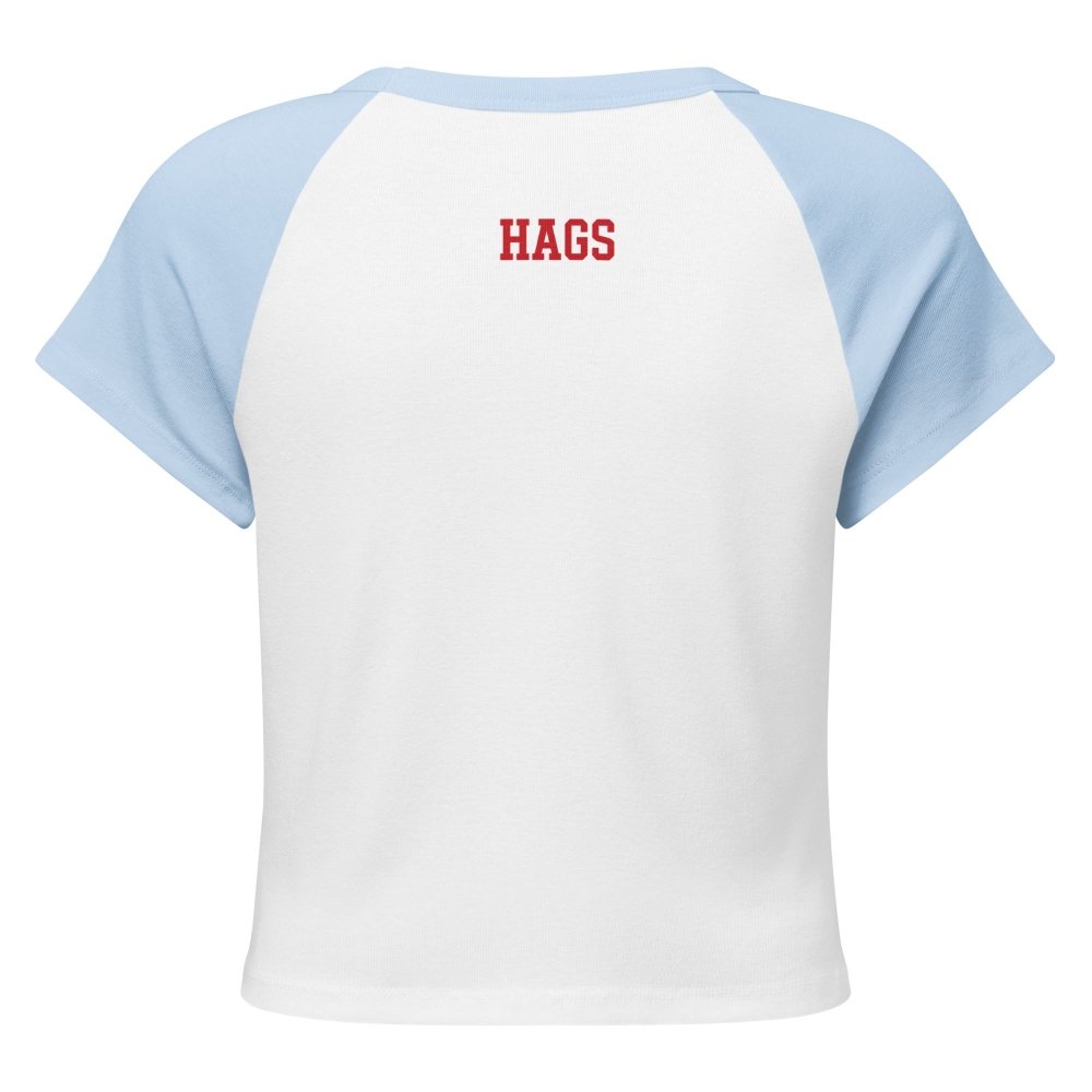 Back view of white and light blue HAGS KCMO polka dot raglan baby tee, showing small red HAGS lettering below the collar.