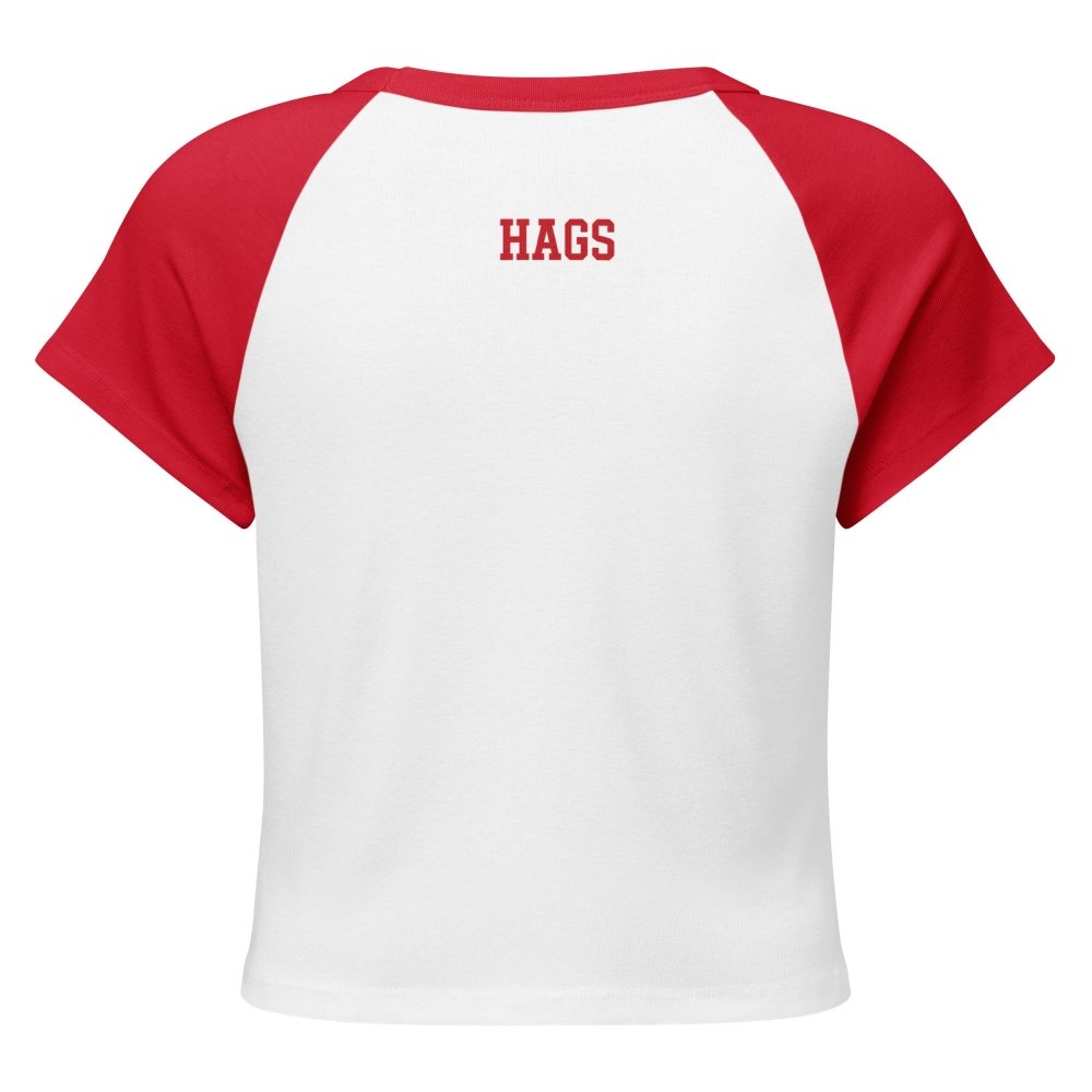 Back view of white and red HAGS KCMO polka dot raglan baby tee, showing small red HAGS lettering below the collar.
