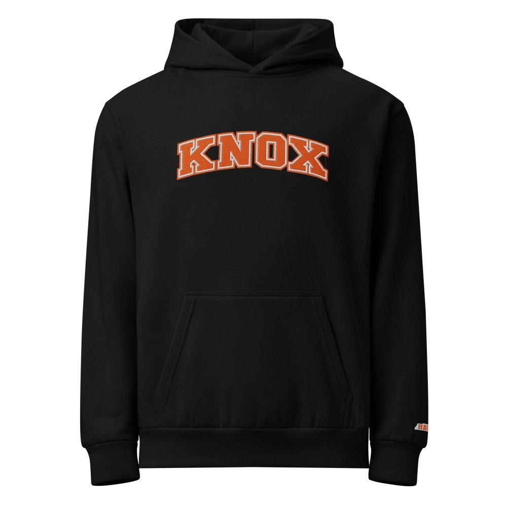 Front view of black HAGS Knox Tennessee embroidered hoodie, showing orange KNOX chest lettering.
