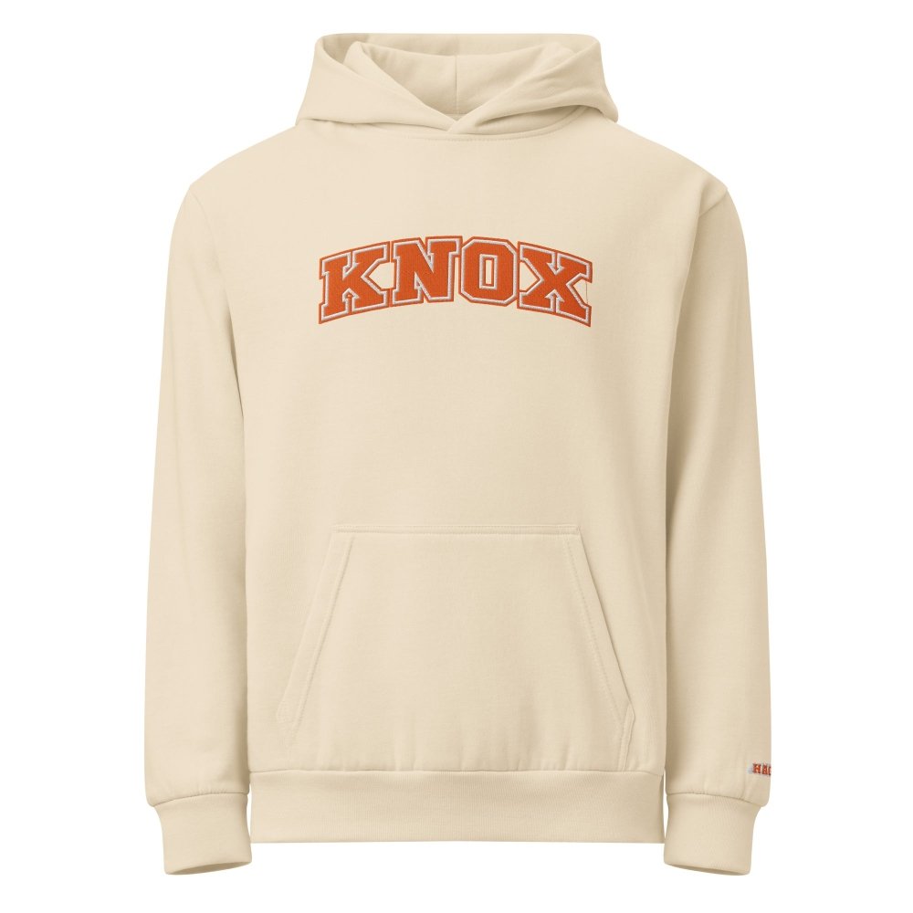 Front view of ivory HAGS Knox Tennessee embroidered hoodie, showing orange KNOX chest lettering.