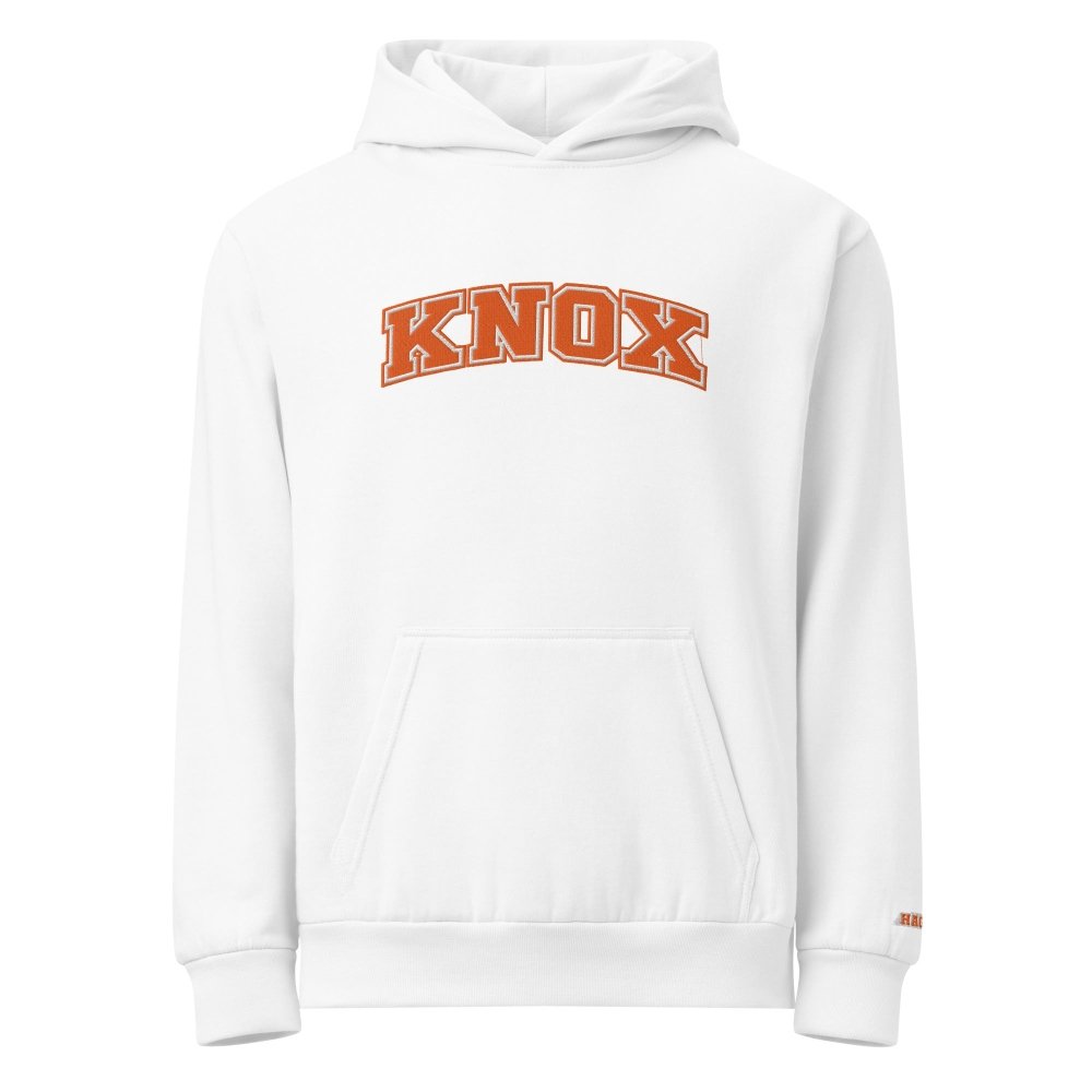 Front view of white HAGS Knox Tennessee embroidered hoodie, showing orange KNOX chest lettering.