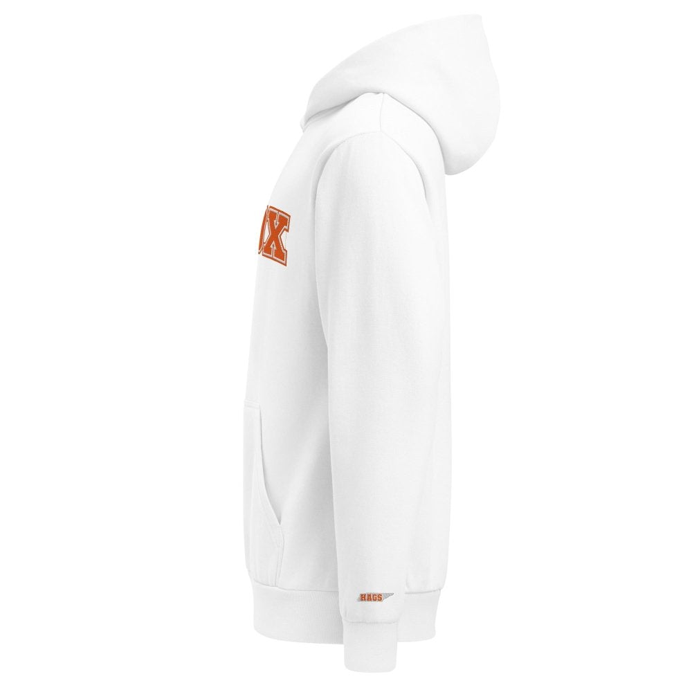 Left-side view of white HAGS Knox Tennessee embroidered hoodie.