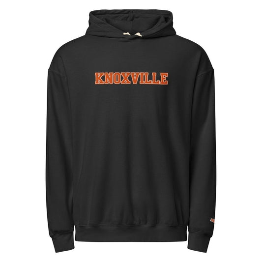 Front view of black HAGS Knoxville Tennessee embroidered hoodie, showing orange KNOXVILLE chest lettering.