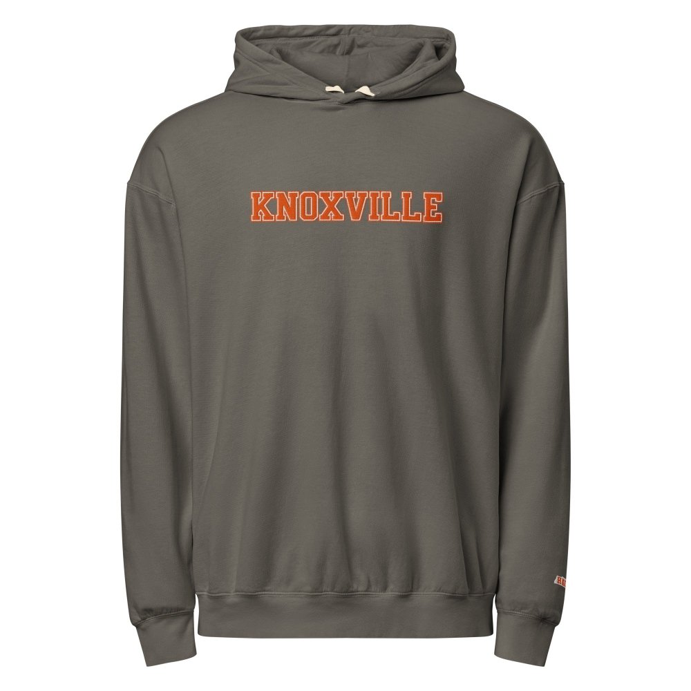 Front view of charcoal HAGS Knoxville Tennessee embroidered hoodie, showing orange KNOXVILLE chest lettering.