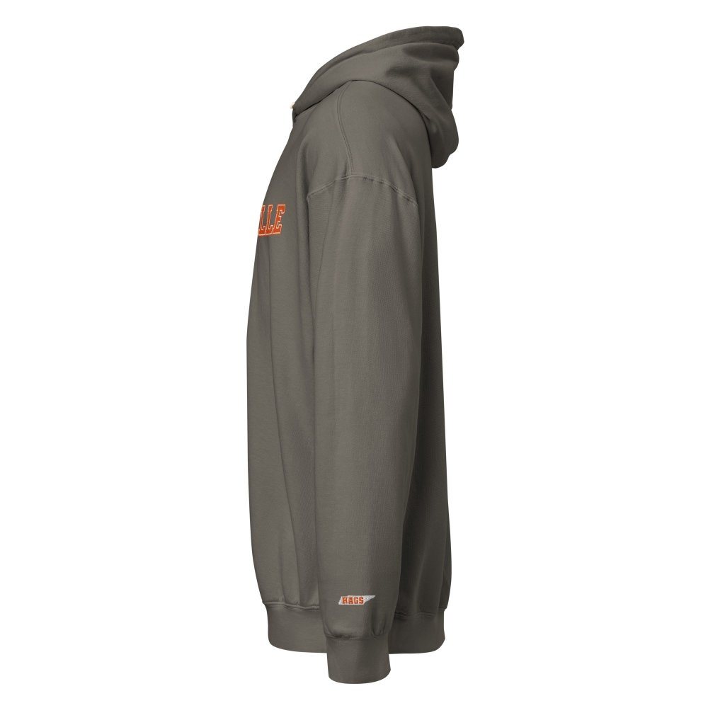 Left-side view of charcoal HAGS Knoxville Tennessee embroidered hoodie.