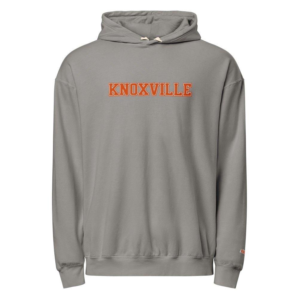 Front view of gray HAGS Knoxville Tennessee embroidered hoodie, showing orange KNOXVILLE chest lettering.