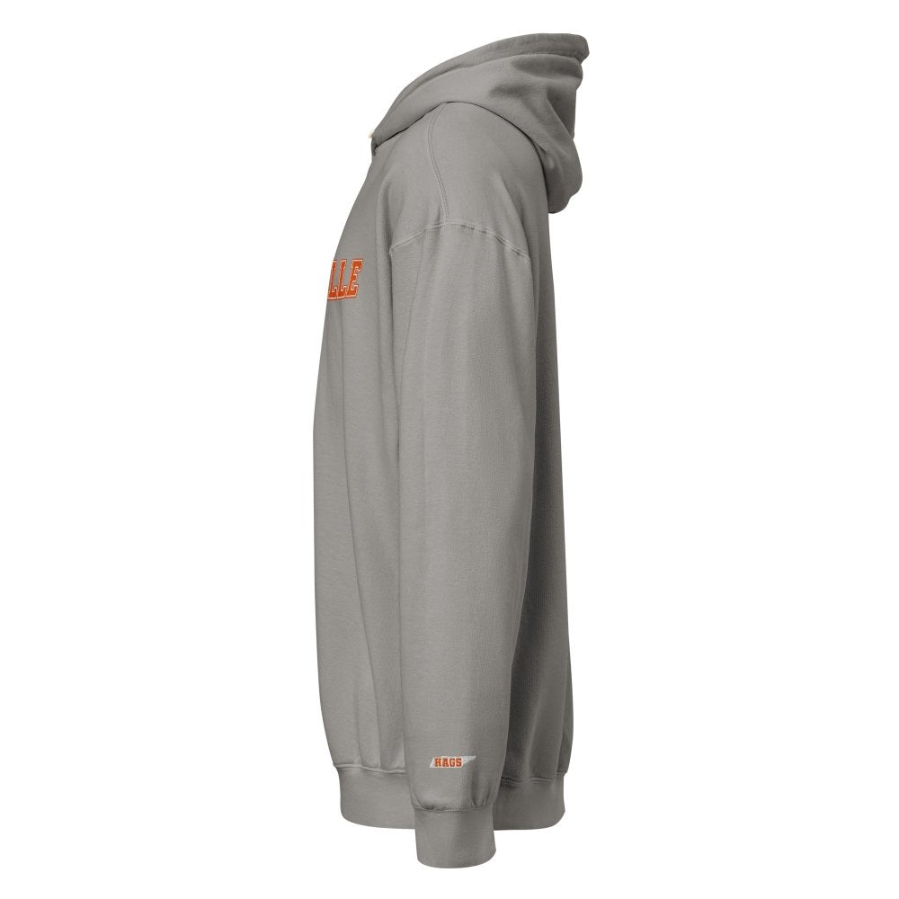 Left-side view of gray HAGS Knoxville Tennessee embroidered hoodie.