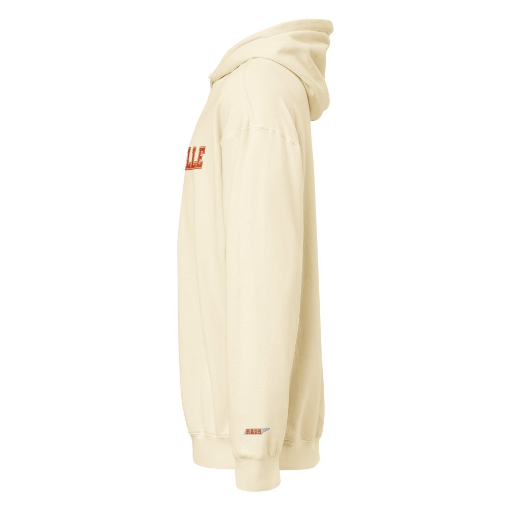 Left-side view of ivory HAGS Knoxville Tennessee embroidered hoodie.