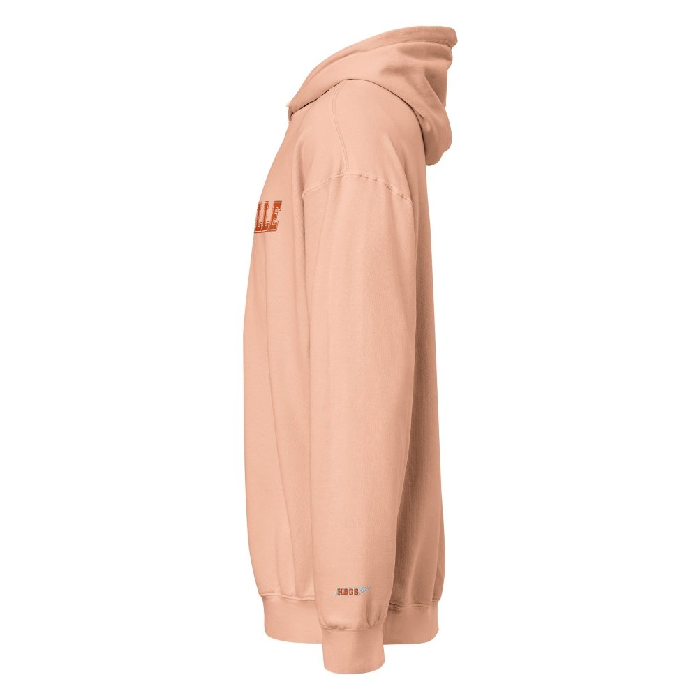 Left-side view of peach HAGS Knoxville Tennessee embroidered hoodie.