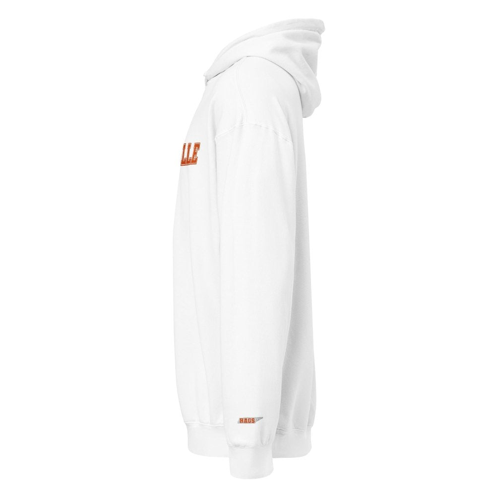 Left-side view of white HAGS Knoxville Tennessee embroidered hoodie.