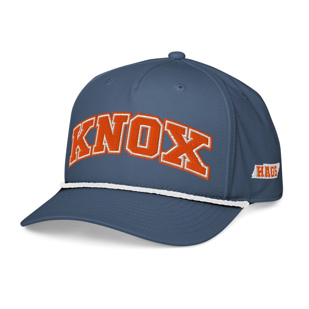 Angled front view of navy HAGS Knoxville Tennessee rope hat, showing orange KNOX lettering.