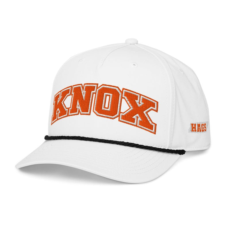 Angled front view of white HAGS Knoxville Tennessee rope hat, showing orange KNOX lettering.