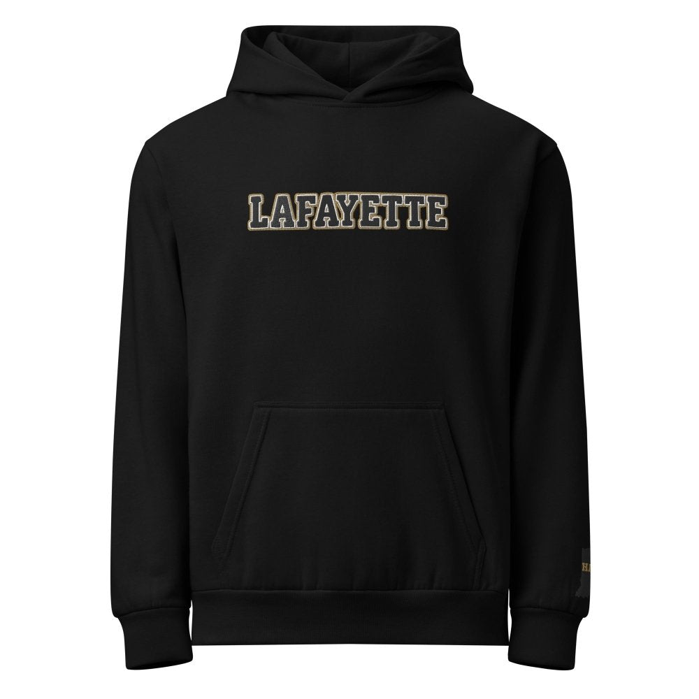 Front view of black HAGS Lafayette Indiana hoodie, showing black and gold LAFAYETTE lettering.