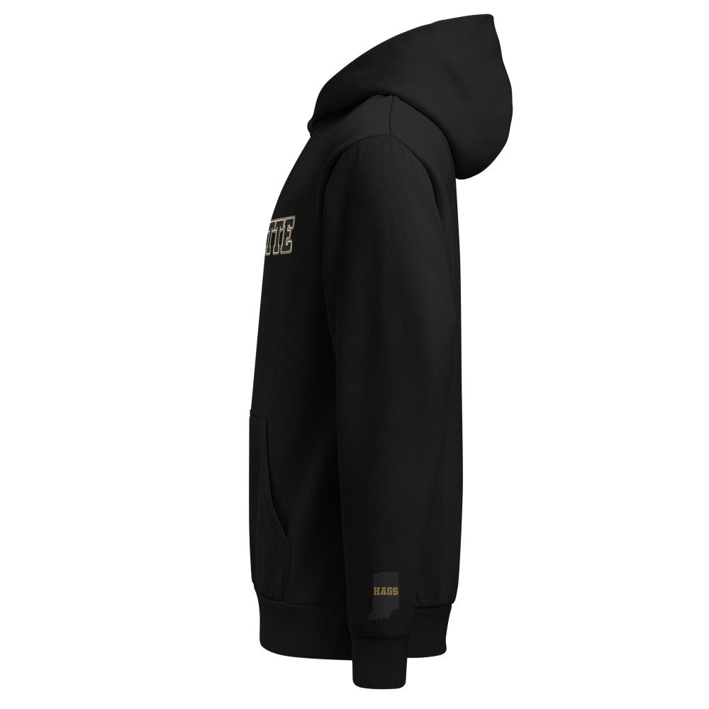 Left-side view of black HAGS Lafayette Indiana hoodie.