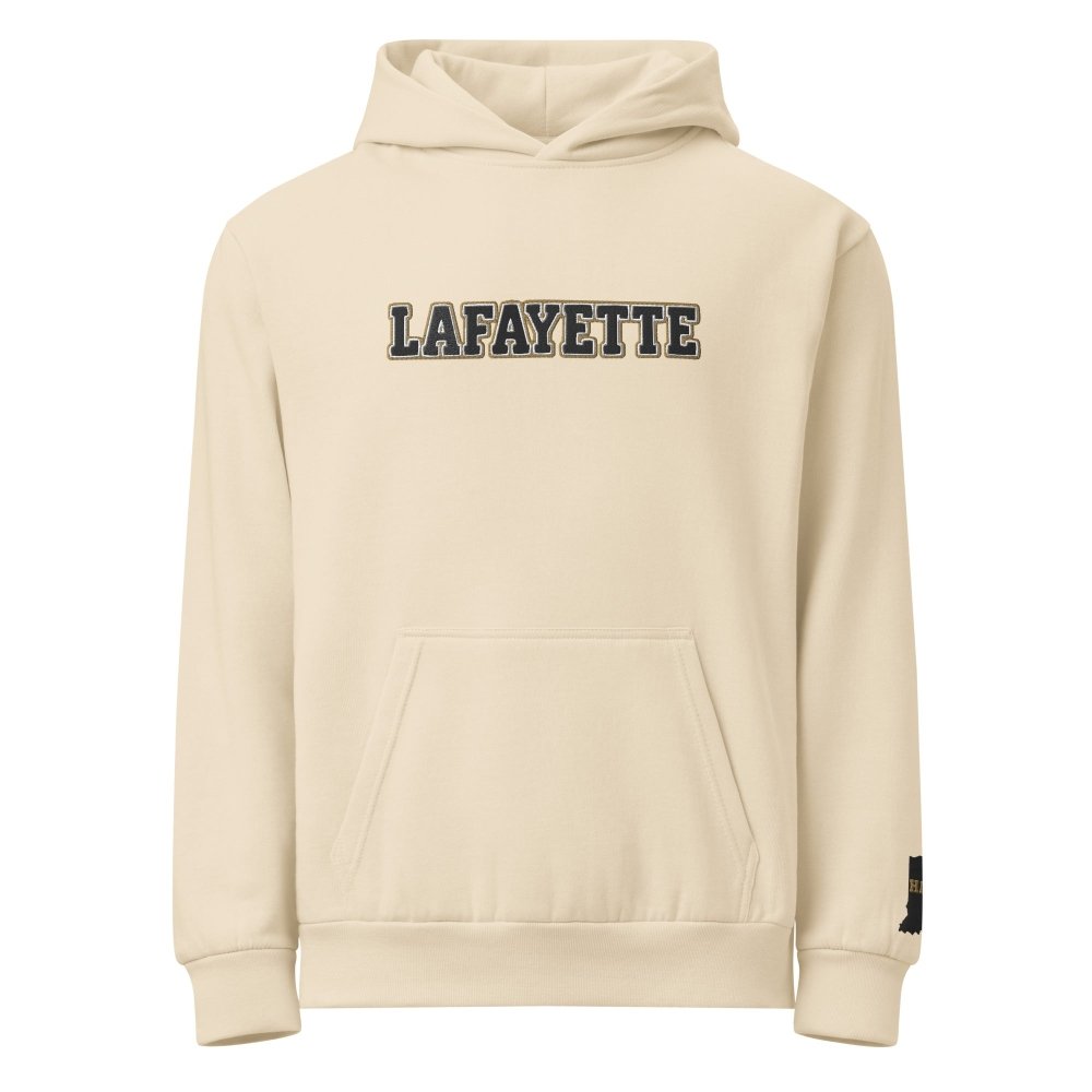 Front view of ivory HAGS Lafayette Indiana hoodie, showing black and gold LAFAYETTE lettering.