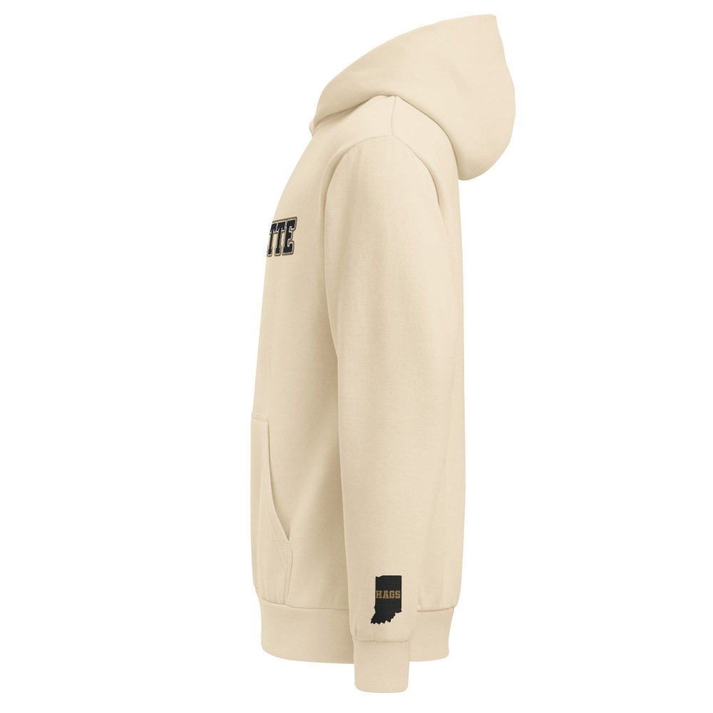 Left-side view of ivory HAGS Lafayette Indiana hoodie.