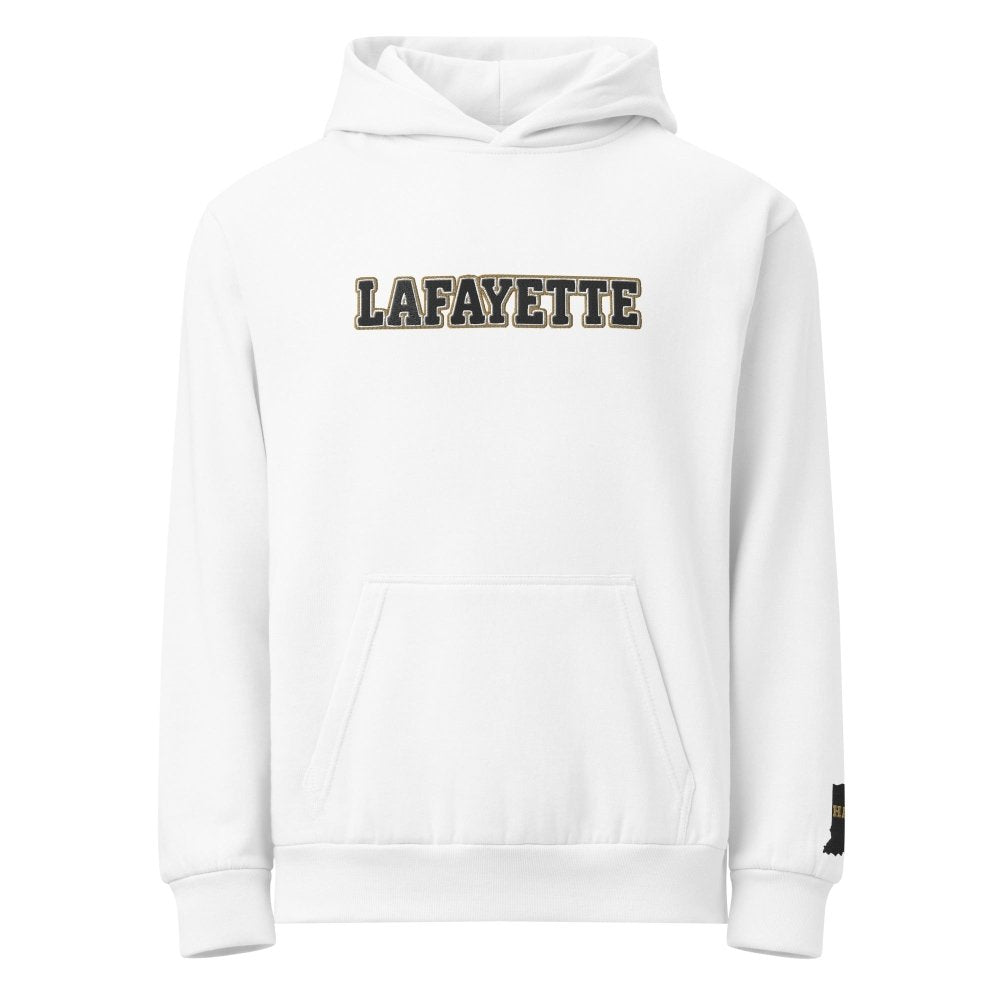 Front view of white HAGS Lafayette Indiana hoodie, showing black and gold LAFAYETTE lettering.
