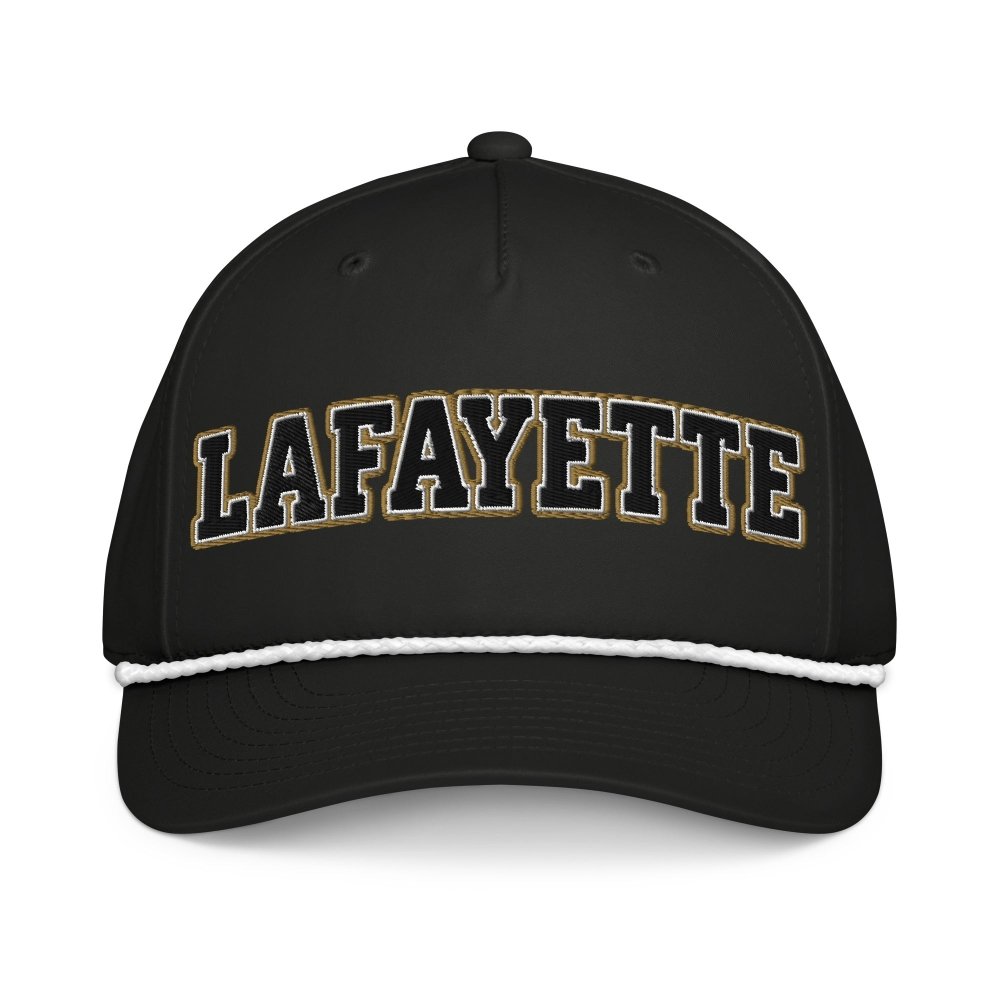 Front view of black HAGS Lafayette Indiana rope hat, showing black and gold LAFAYETTE lettering.