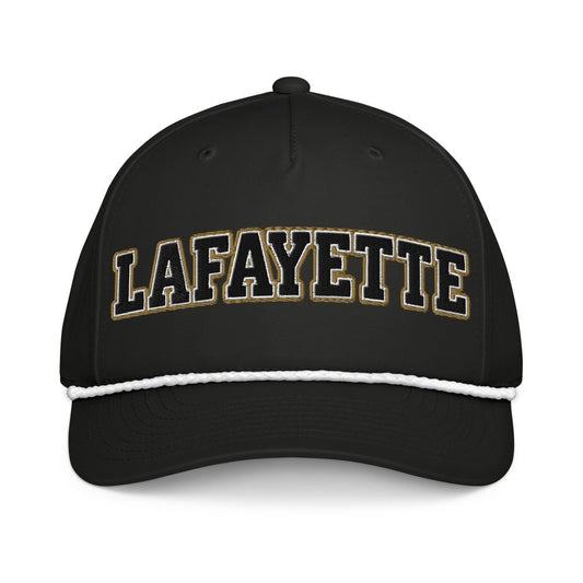 Front view of black HAGS Lafayette Indiana rope hat, showing black and gold LAFAYETTE lettering.