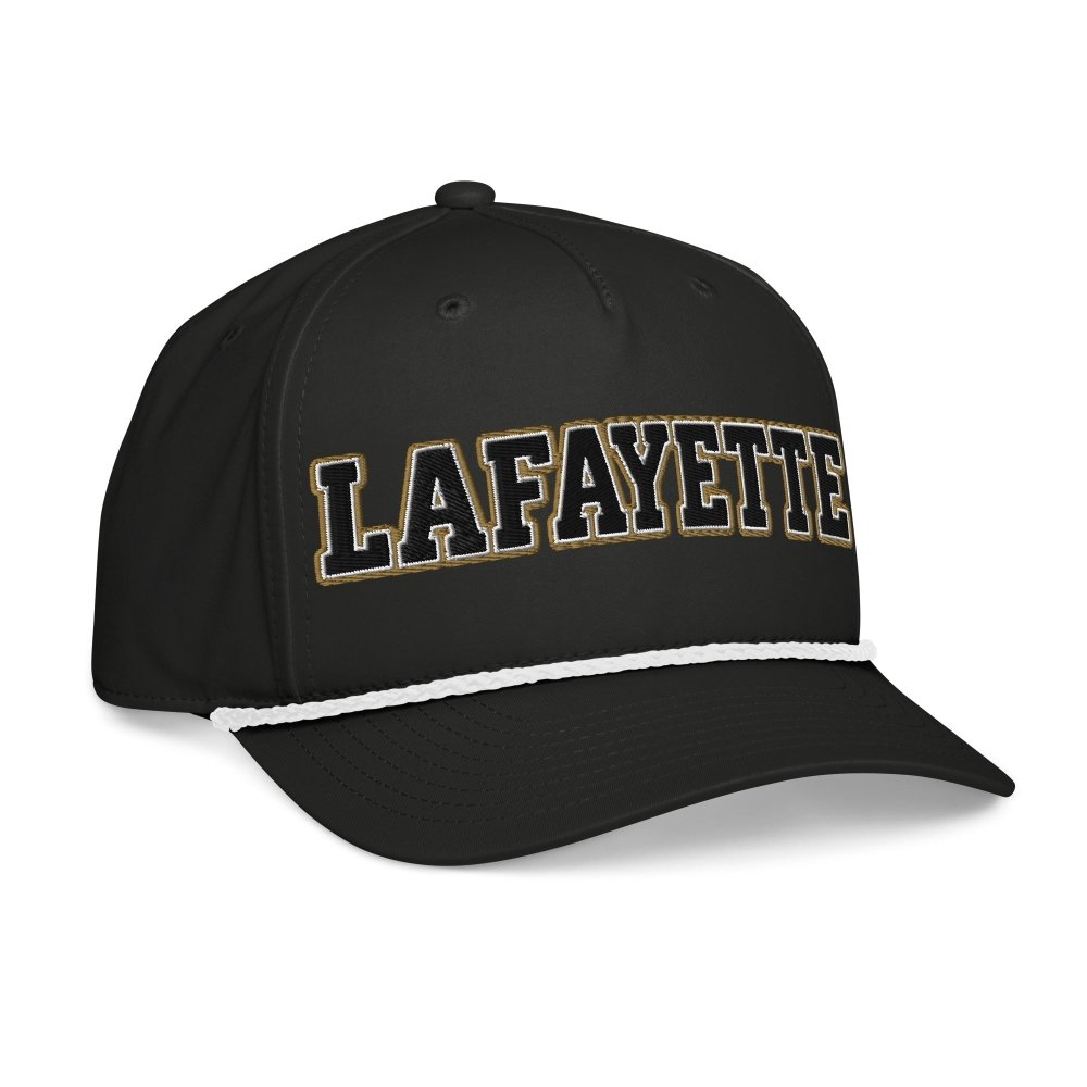 Opposite angled front view of black HAGS Lafayette Indiana rope hat, showing black and gold LAFAYETTE lettering.