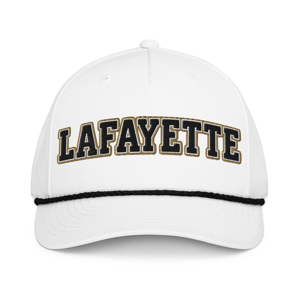 Front view of white HAGS Lafayette Indiana rope hat, showing black and gold LAFAYETTE lettering.