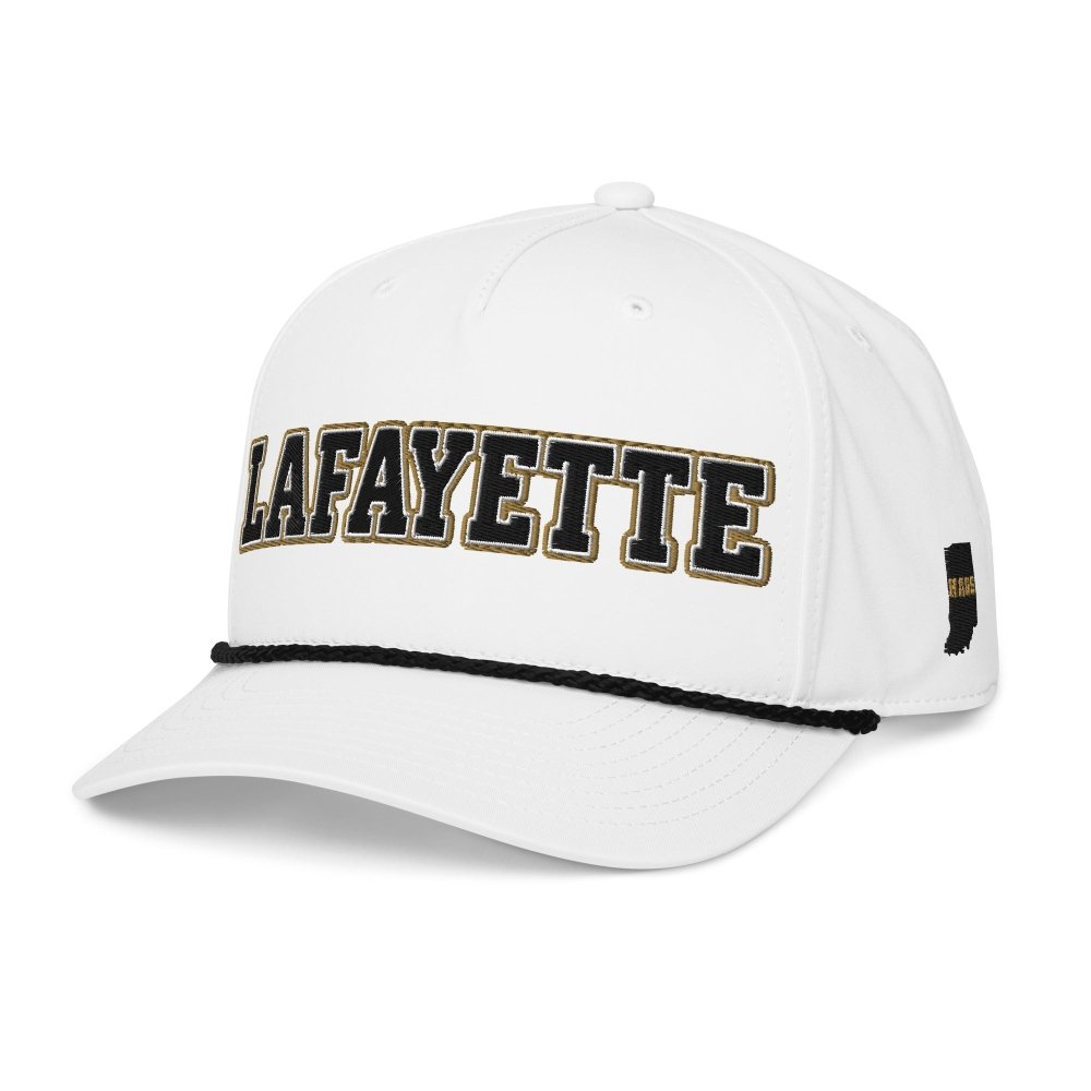 Angled front view of white HAGS Lafayette Indiana rope hat, showing black and gold LAFAYETTE lettering.