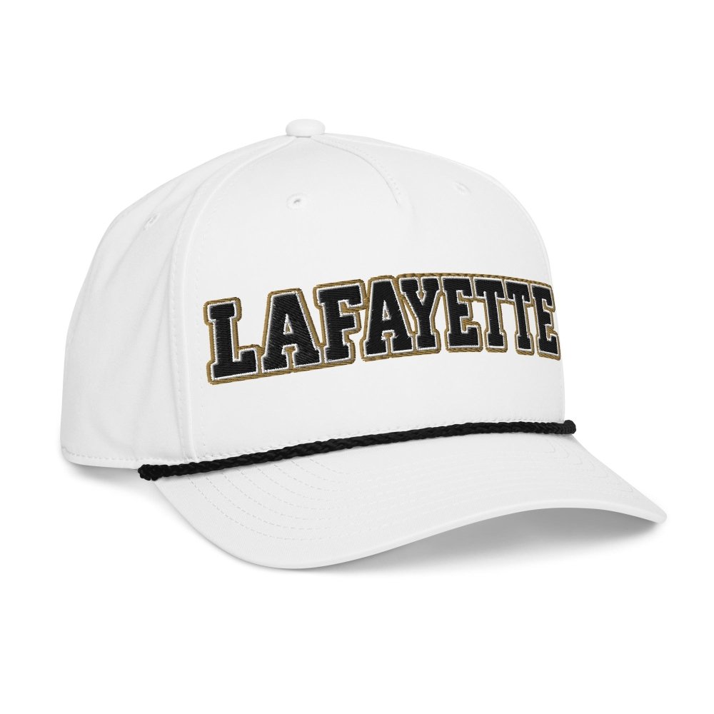 Opposite angled front view of white HAGS Lafayette Indiana rope hat, showing black and gold LAFAYETTE lettering.
