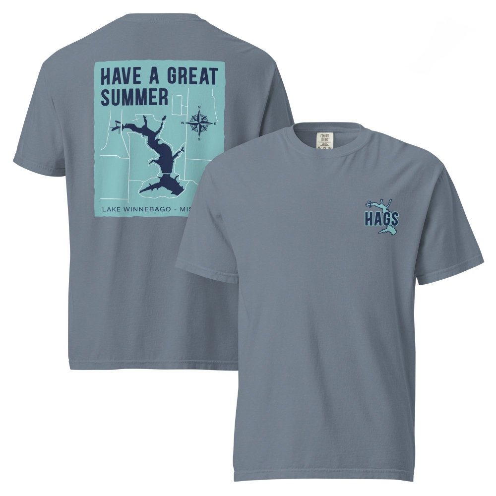Front and back views of blue gray HAGS Lake Winnebago Missouri T-shirt, showing small HAGS chest graphic and Lake Winnebago map and Have a Great Summer lettering.