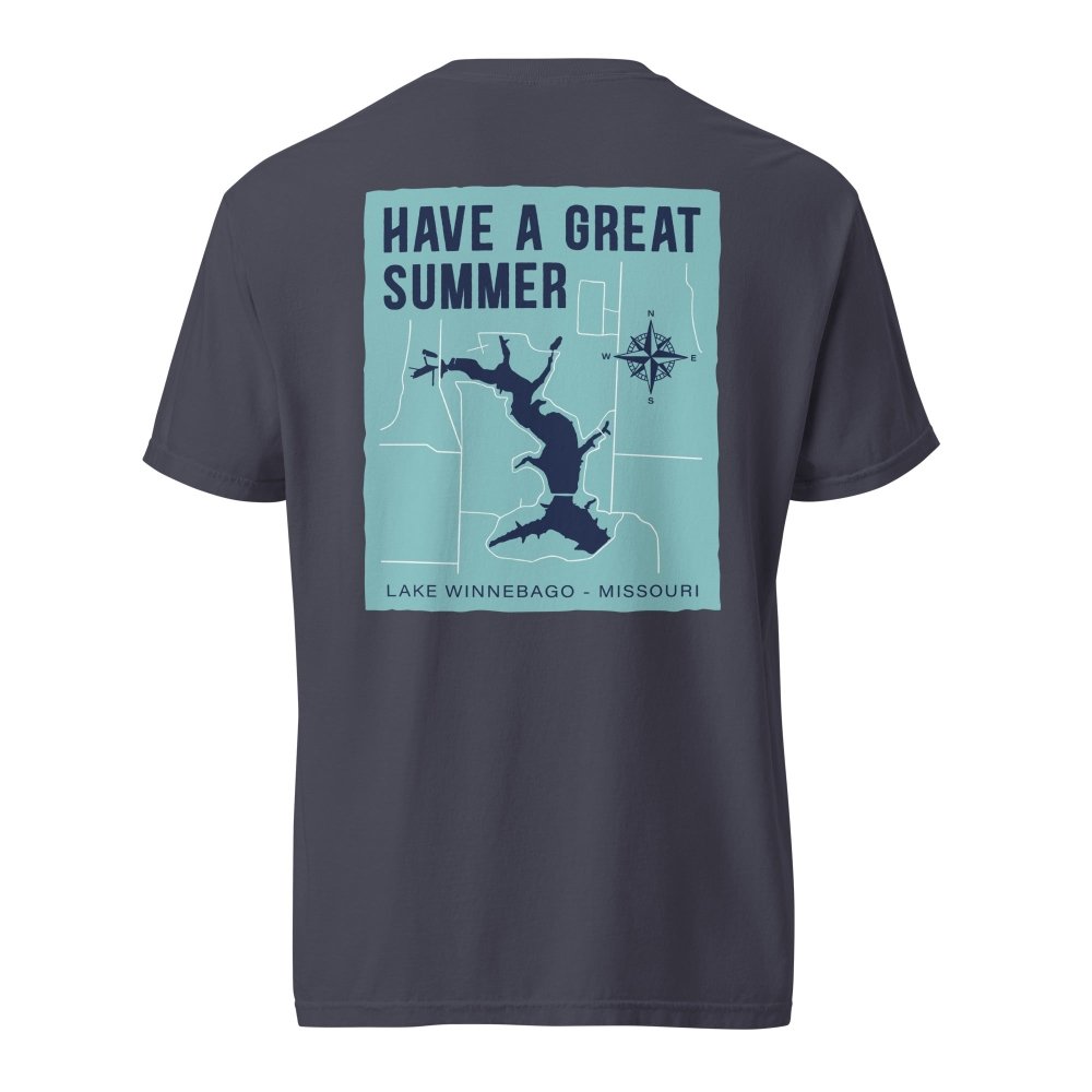 Back view of dark denim HAGS Lake Winnebago Missouri T-shirt, showing Lake Winnebago map and Have a Great Summer lettering.
