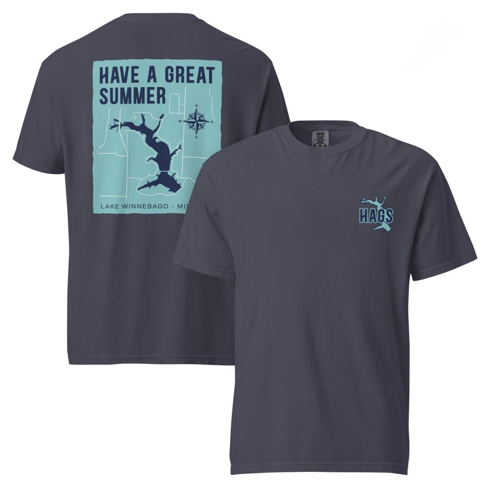Front and back views of dark denim HAGS Lake Winnebago Missouri T-shirt, showing small HAGS chest graphic and Lake Winnebago map and Have a Great Summer lettering.