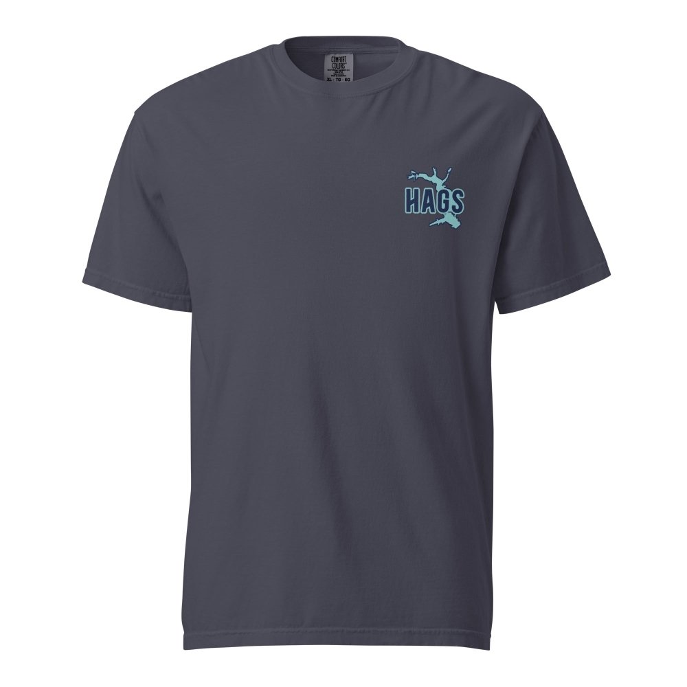 Front view of dark denim HAGS Lake Winnebago Missouri T-shirt, showing small HAGS chest graphic.