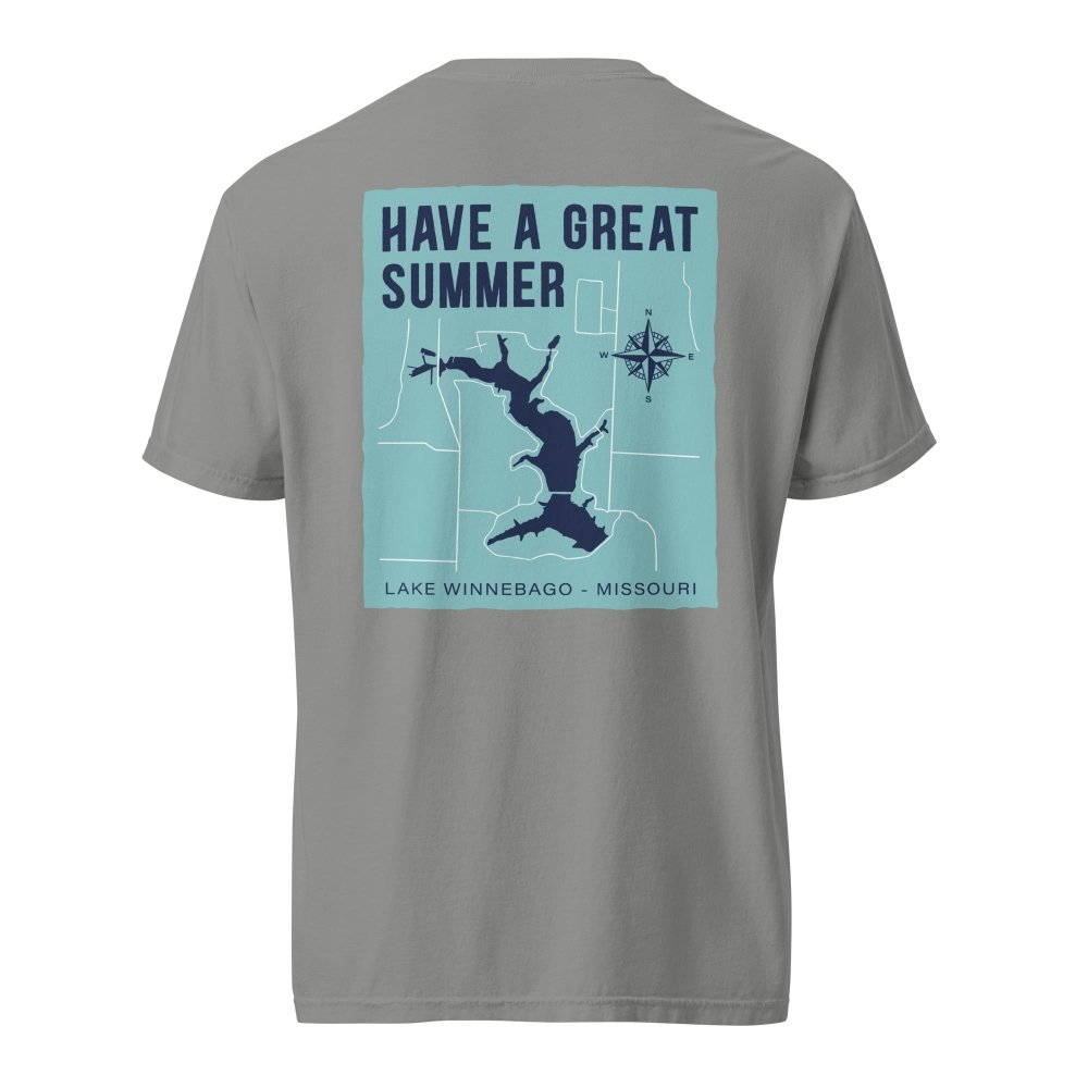 Back view of gray HAGS Lake Winnebago Missouri T-shirt, showing Lake Winnebago map and Have a Great Summer lettering.