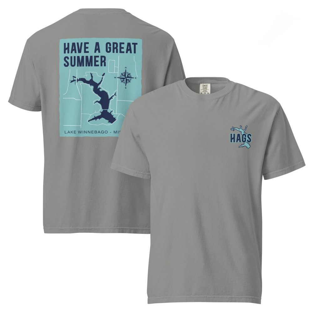 Front and back views of gray HAGS Lake Winnebago Missouri T-shirt, showing small HAGS chest graphic and Lake Winnebago map and Have a Great Summer lettering.