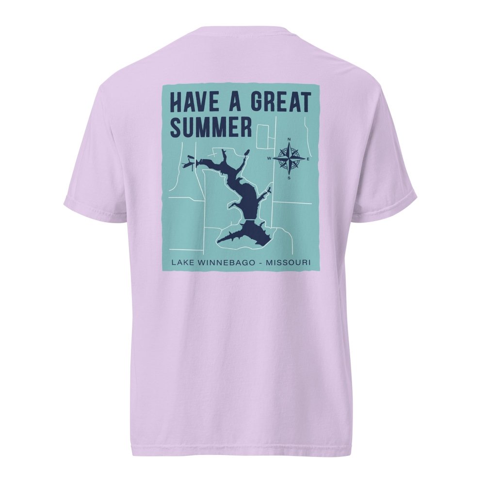 Back view of lavender HAGS Lake Winnebago Missouri T-shirt, showing Lake Winnebago map and Have a Great Summer lettering.