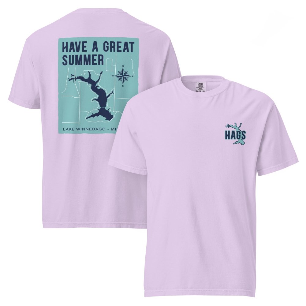 Front and back views of lavender HAGS Lake Winnebago Missouri T-shirt, showing small HAGS chest graphic and Lake Winnebago map and Have a Great Summer lettering.