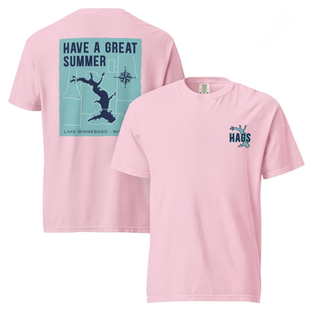 Front and back views of pink HAGS Lake Winnebago Missouri T-shirt, showing small HAGS chest graphic and Lake Winnebago map and Have a Great Summer lettering.