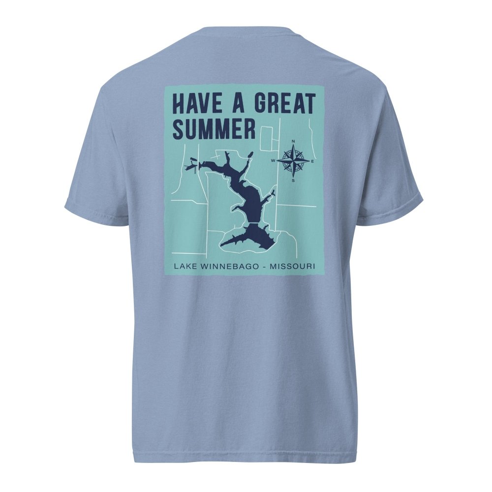 Back view of washed blue HAGS Lake Winnebago Missouri T-shirt, showing Lake Winnebago map and Have a Great Summer lettering.