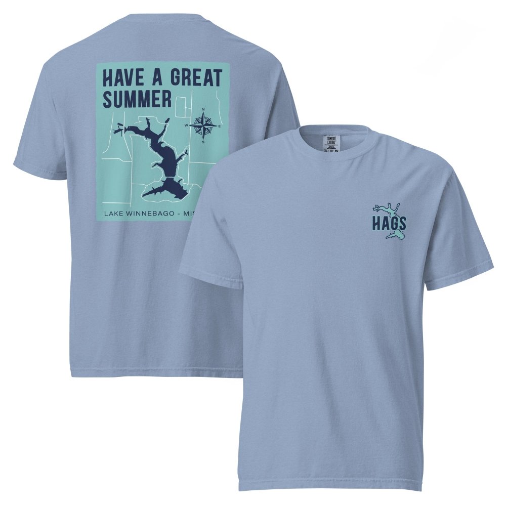 Front and back views of washed blue HAGS Lake Winnebago Missouri T-shirt, showing small HAGS chest graphic and Lake Winnebago map and Have a Great Summer lettering.