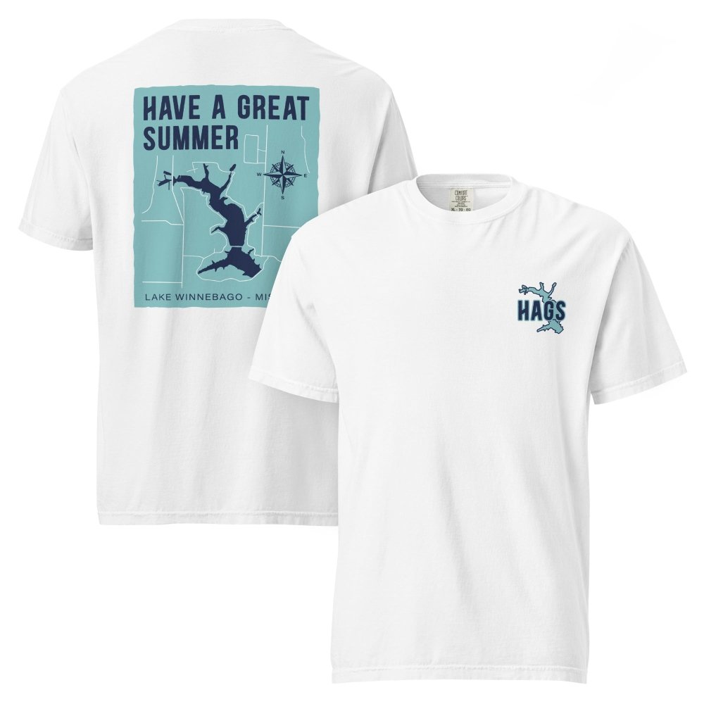 Front and back views of white HAGS Lake Winnebago Missouri T-shirt, showing small HAGS chest graphic and Lake Winnebago map and Have a Great Summer lettering.