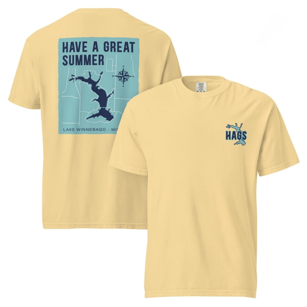 Front and back views of yellow HAGS Lake Winnebago Missouri T-shirt, showing small HAGS chest graphic and Lake Winnebago map and Have a Great Summer lettering.